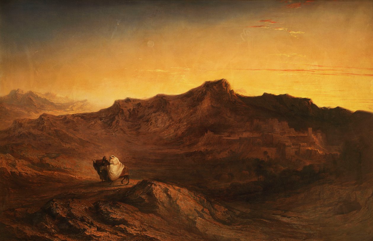 Flygningen till Egypten - När han reste sig tog han det unga barnet och hans mor om natten och begav sig till Egypten.-Matteus II, 14, 1842 av John Martin