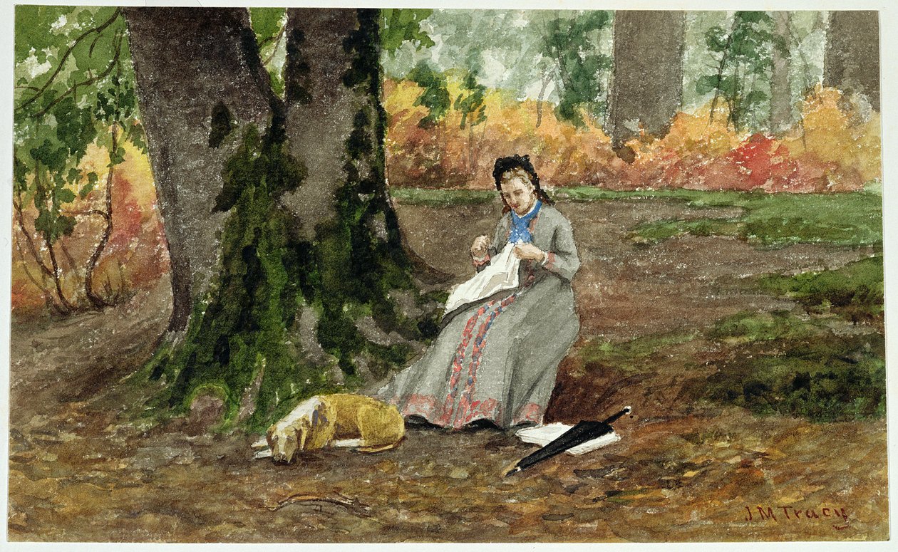 Kvinna som broderar under ett träd av John Martin Tracy