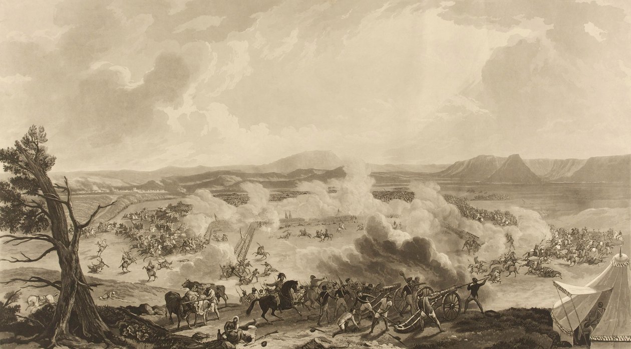 "Slaget vid Kirkee utkämpades den 5 november 1816 vid vilket minnesvärt tillfälle 4785 [sic] brittiska trupper besegrade Mahratta-armén" (akvatint, färgad) av John Massey (after) Wright