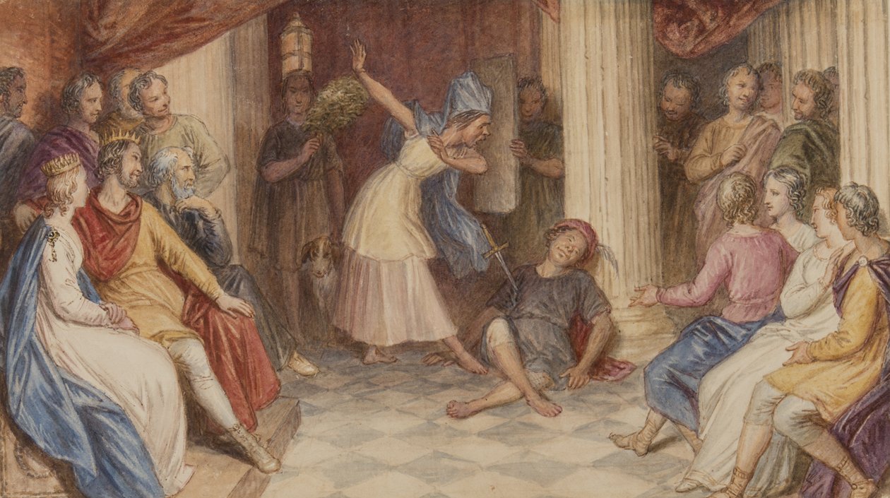 Pyramus och Thisbe, Midsommarnattsdröm, akt V, Scen I, ca 1840 (wc på papper) av John Massey Wright