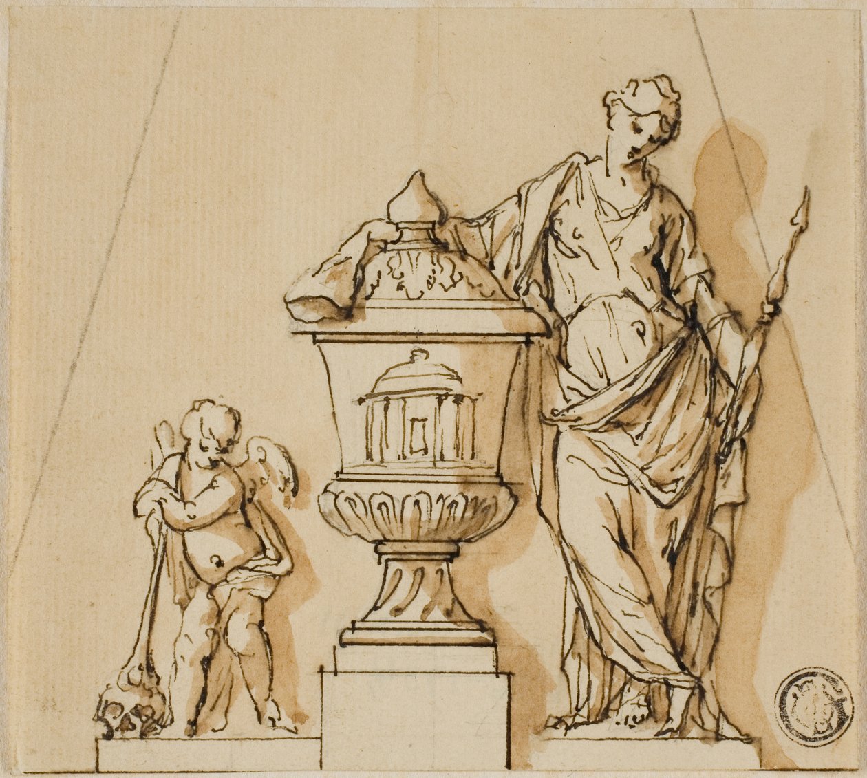 Design för ett begravningsmonument med öde, putto och urna av John Michael Rysbrack