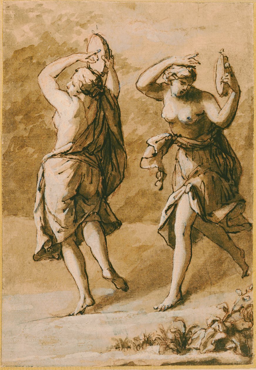 Two Maenads, A Study (brun tvätt med vita höjdpunkter och brunt bläck på papper) av John Michael Rysbrack