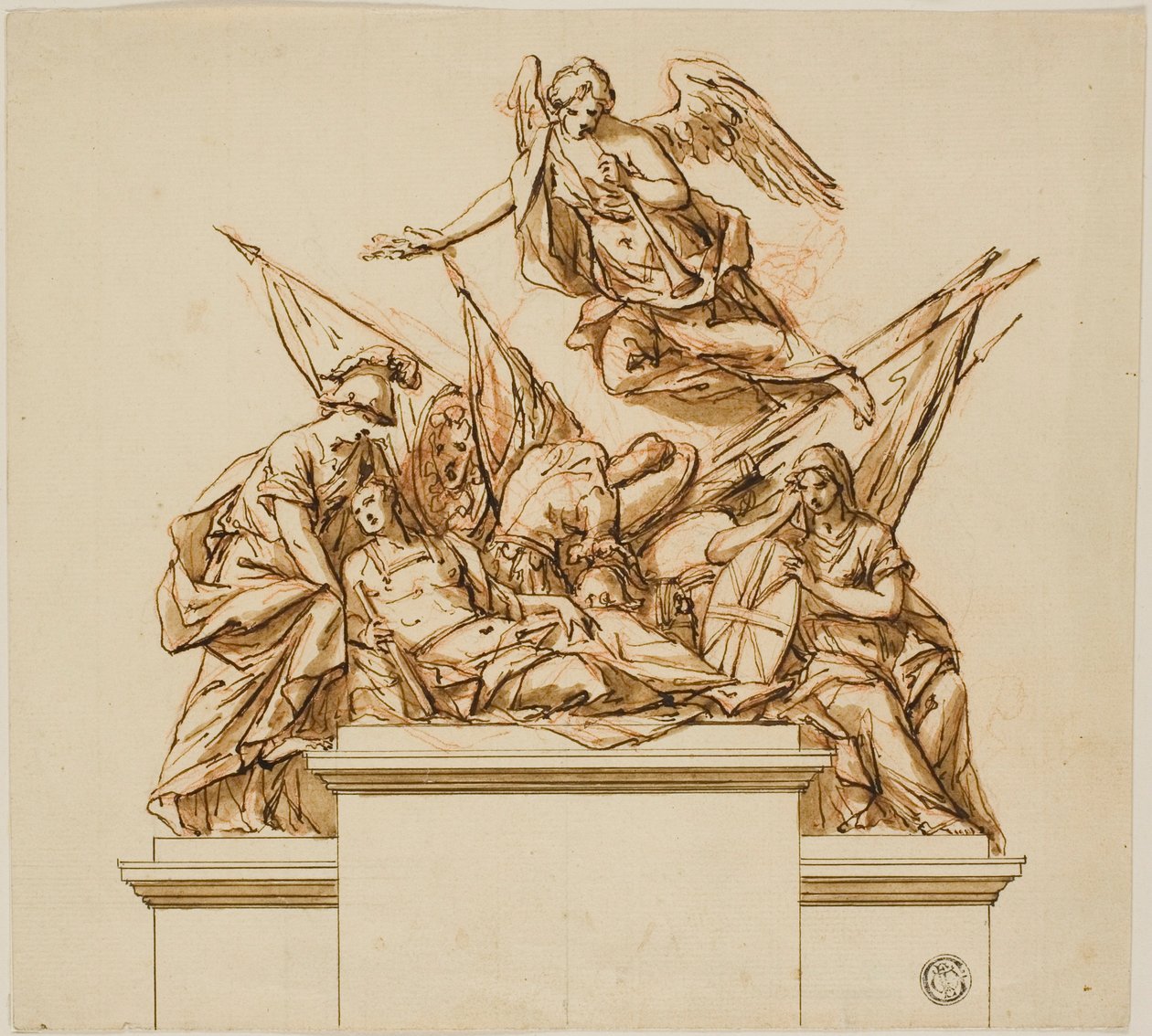 Krigare åtföljd av Britannia, Minerva och Fame (recto); Design för monumentet till Nicholas Rowe (verso) av John Michael Rysbrack