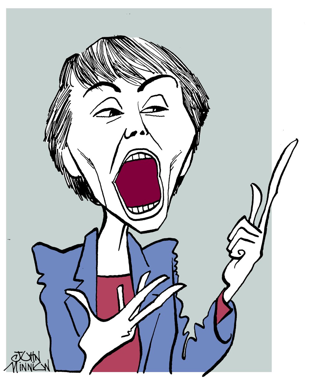 Camille Paglia - karikatyr med öppen mun av John Minnion