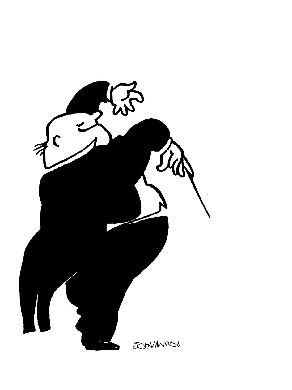 Karikatyr av en glad och fet konduktör av John Minnion
