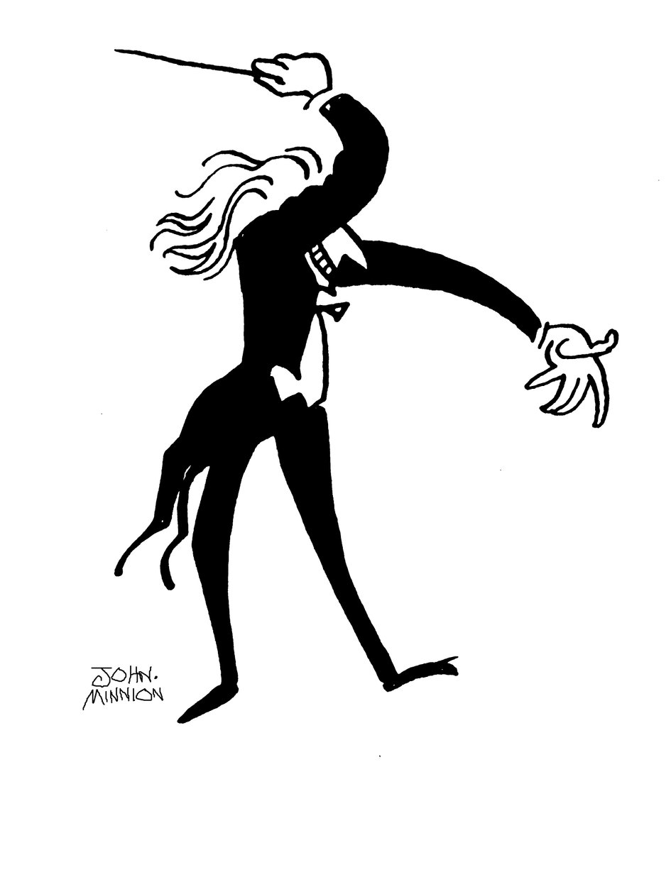 Karikatyr av en dirigent som dramatiskt dirigerar av John Minnion