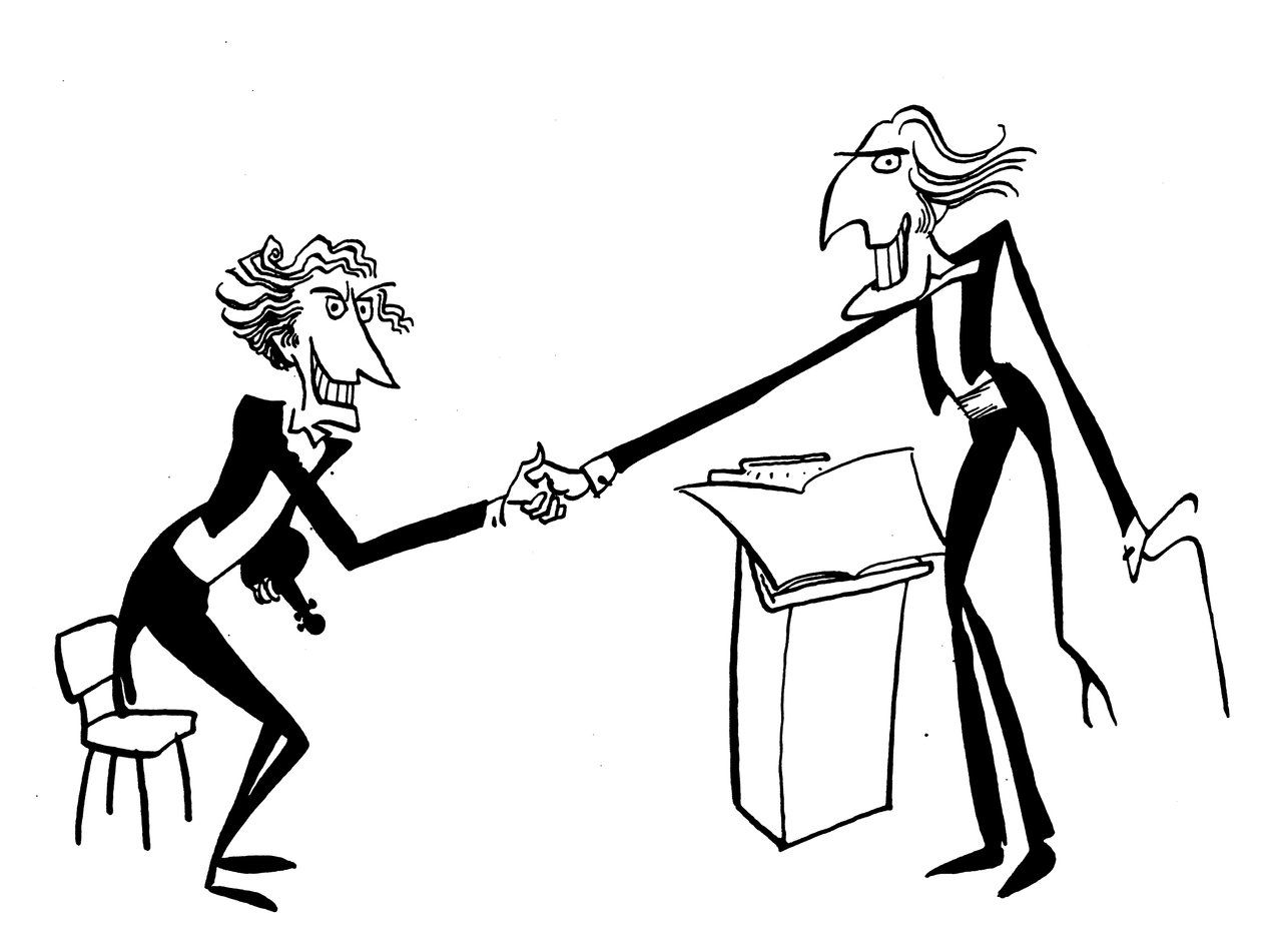 Karikatyr av en dirigent som hälsar på orkesterledaren av John Minnion