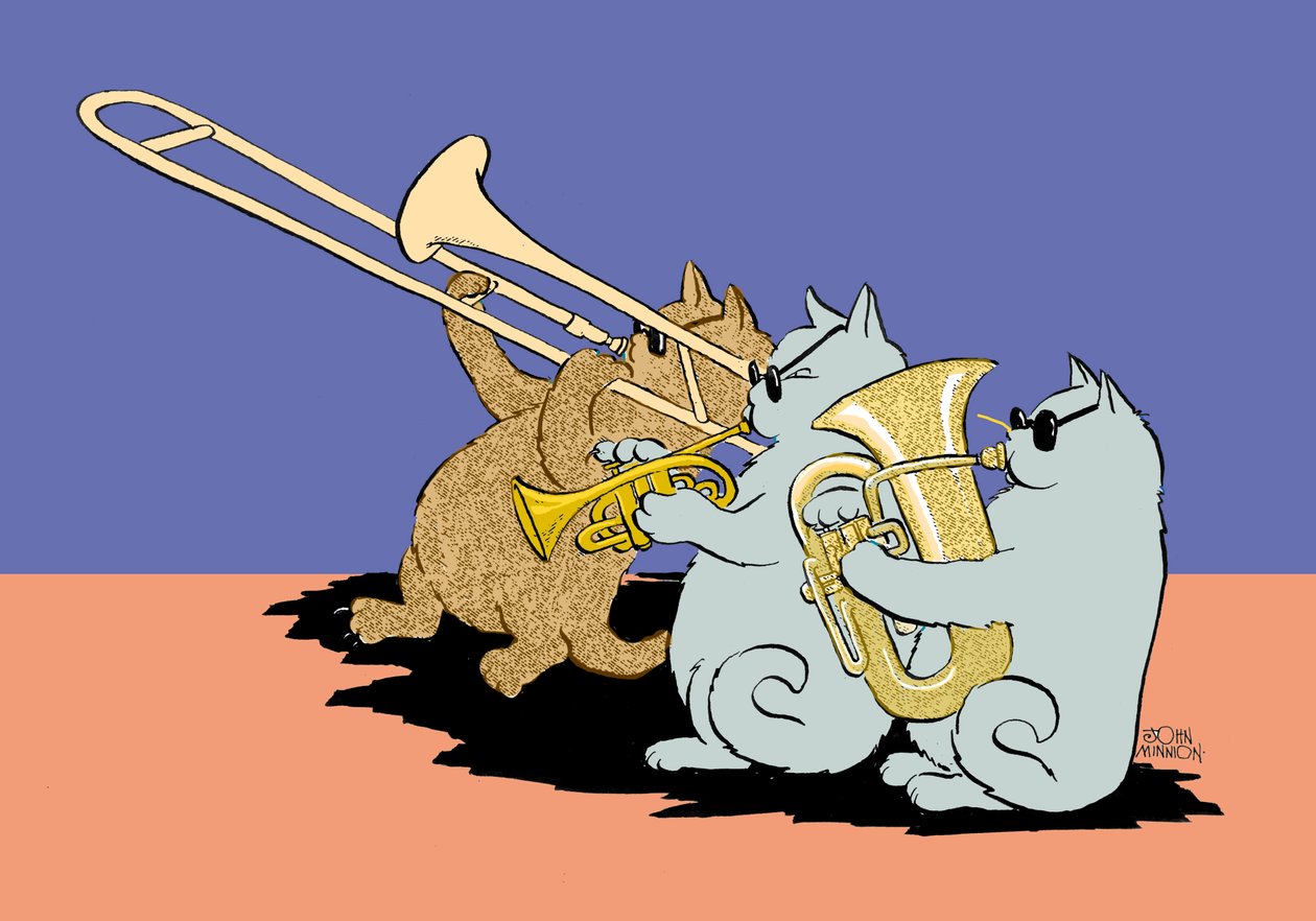 Karikatyr av tre katter med solglasögon som spelar trombon, trumpet och tuba av John Minnion