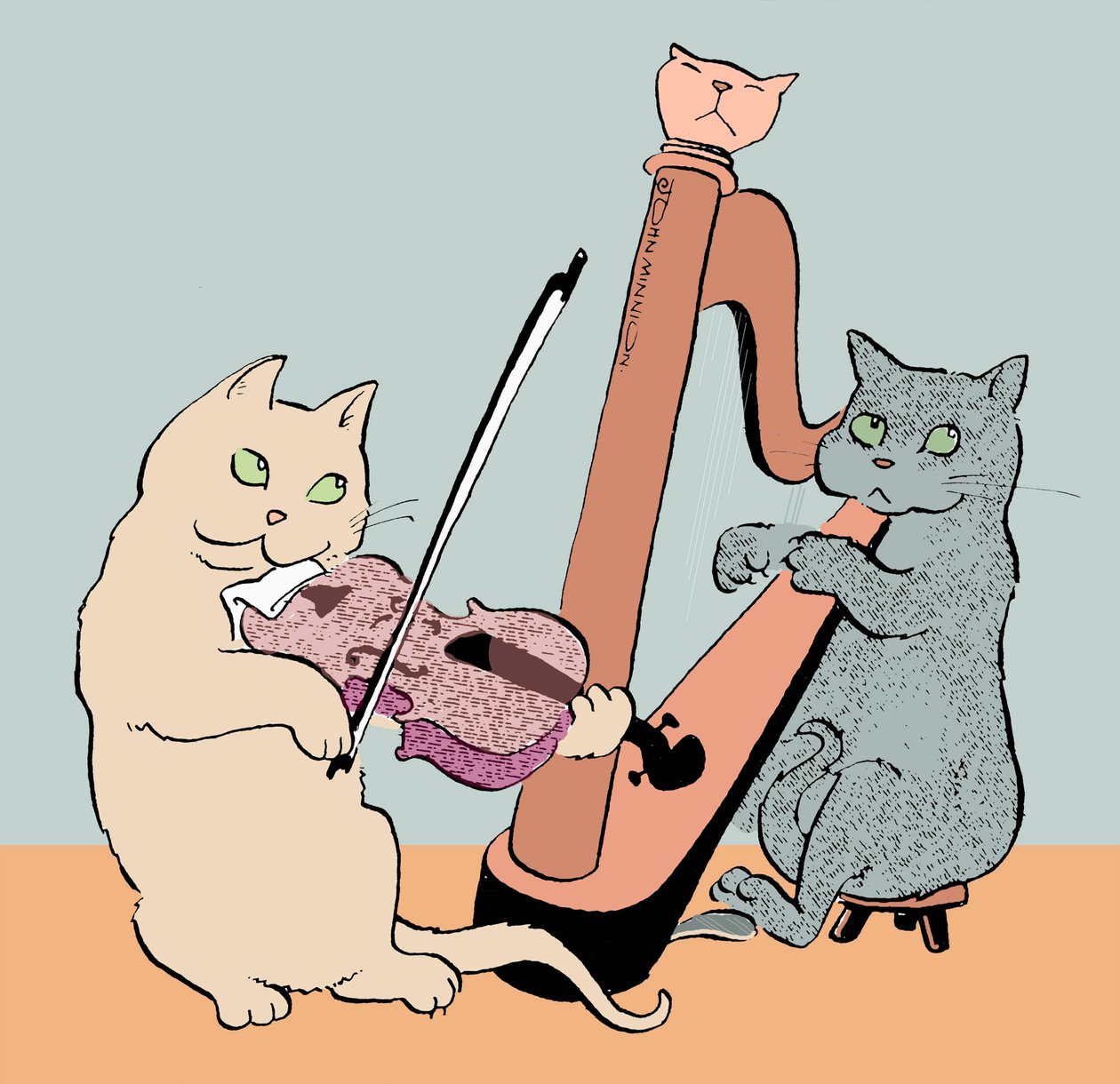 Karikatyr av två katter som spelar harpa och viola av John Minnion