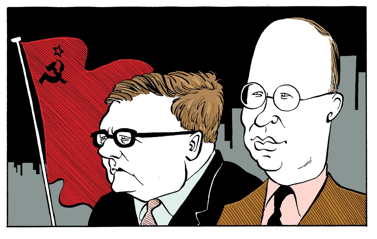 Dmitrij Sjostakovitj med Sergej Prokofjev med sovjetisk flagga av John Minnion