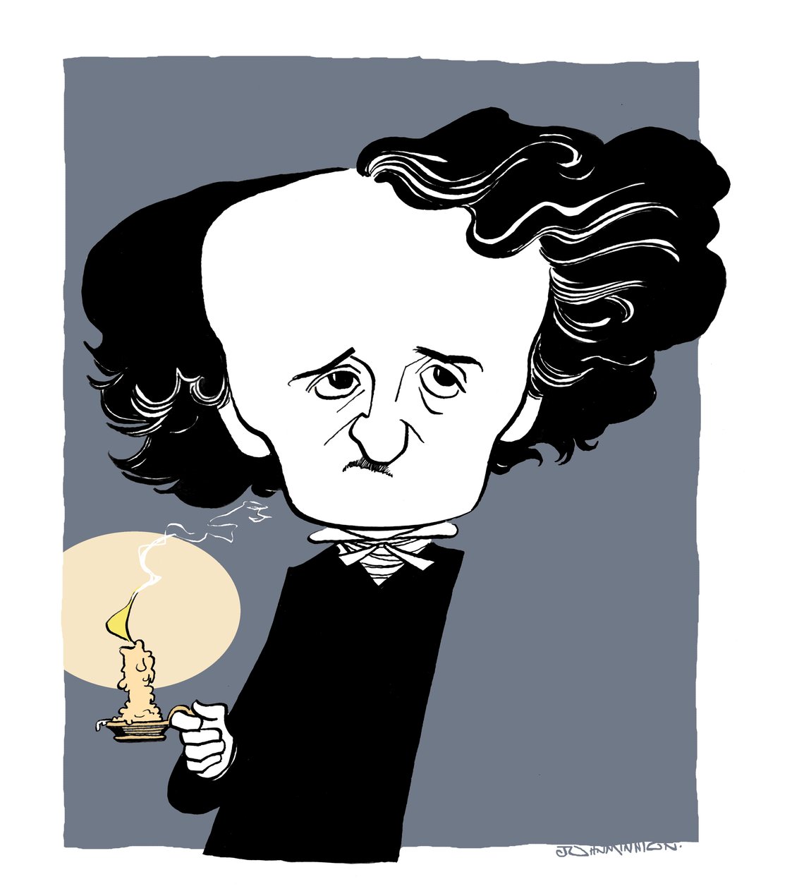Edgar Allan Poe - karikatyr, håller i en ljusstake av John Minnion