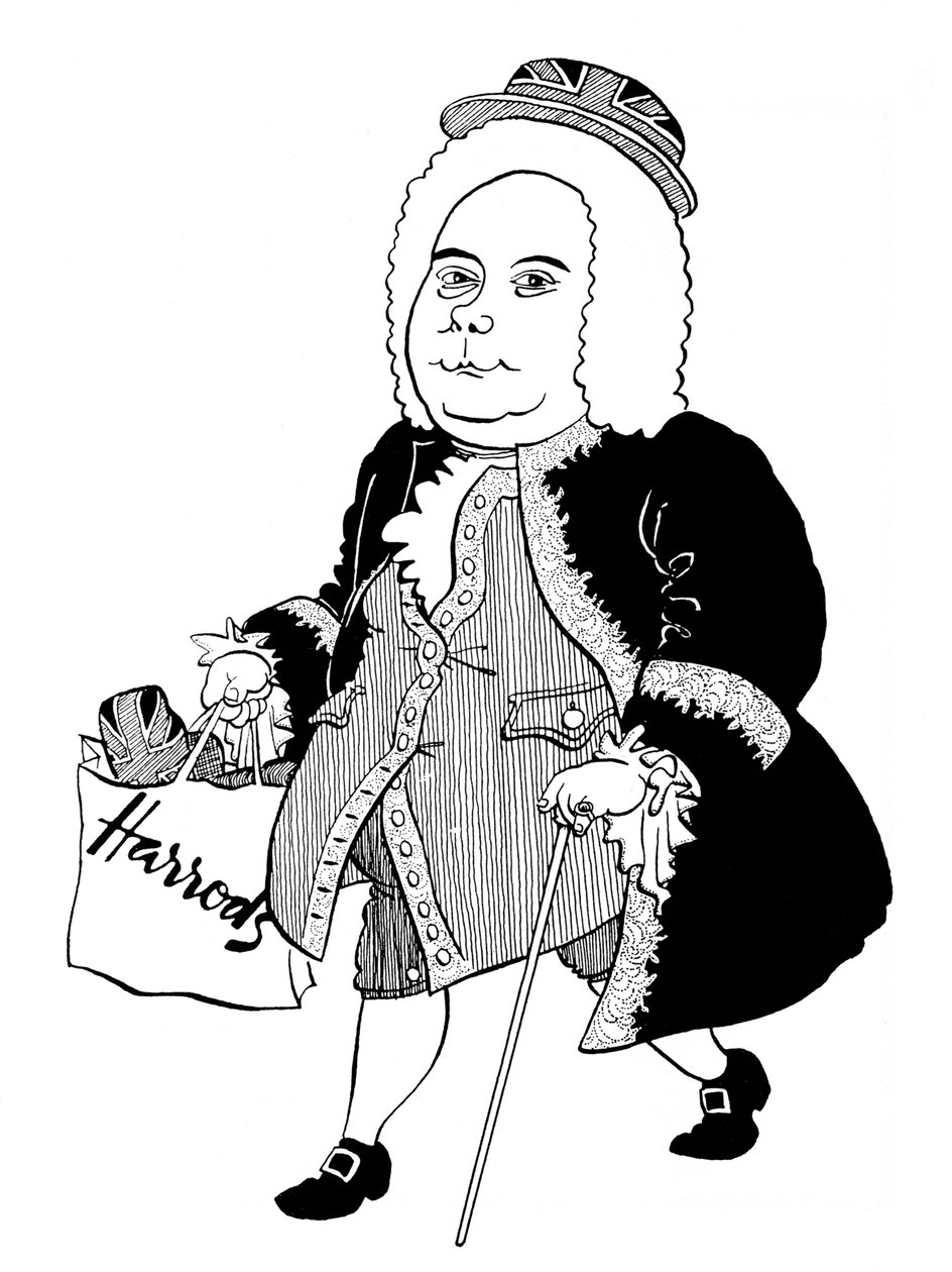 Georg Friedrich - George Frideric Handel - karikatyr av den tyske (senare engelske) kompositören med Union Jack-hatt och Harrods-väska av John Minnion