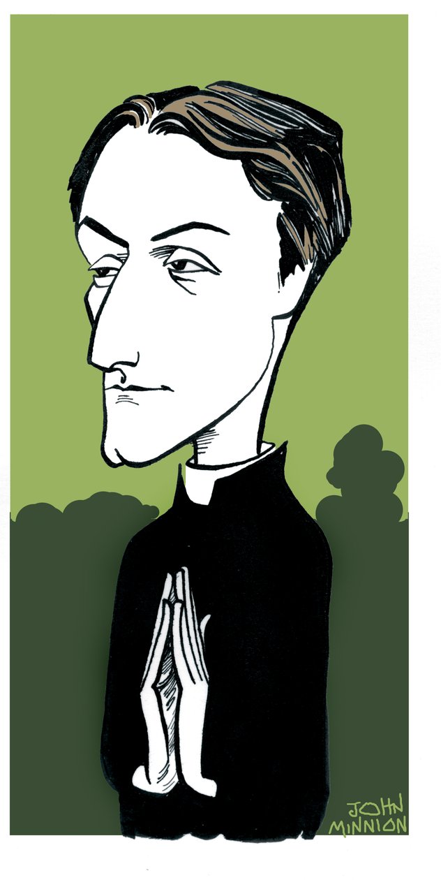 Gerard Manley Hopkins karikatyr, engelsk poet, romersk-katolsk konvertit och jesuitpräst: 28 juli 1844 - 8 juni 1889 av John Minnion
