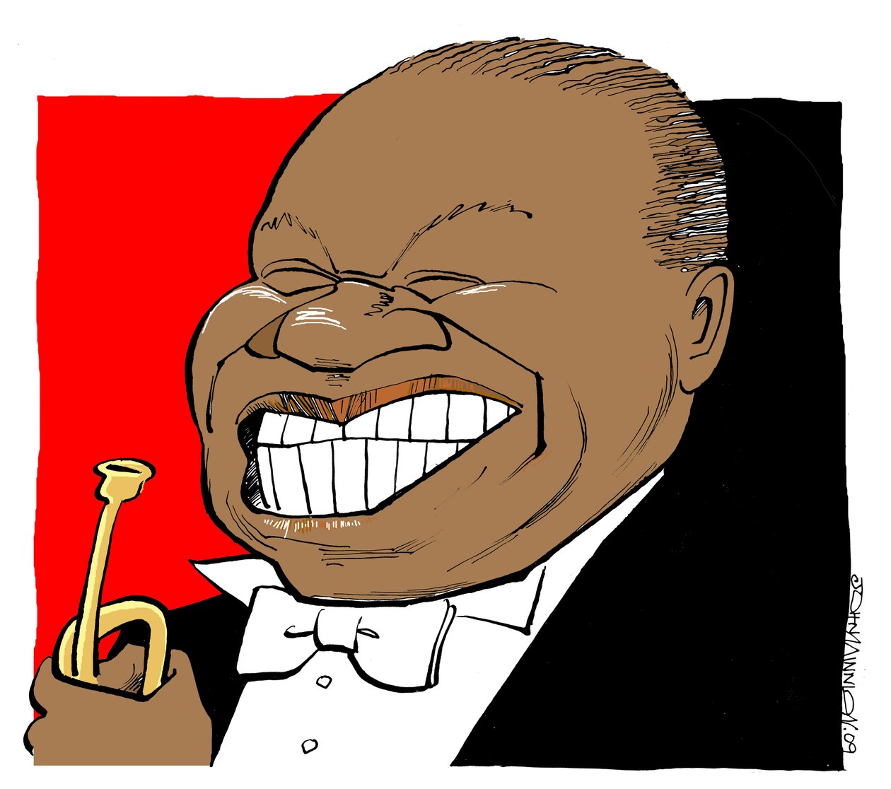Louis Armstrong - karikatyr, spelar på sin trumpet av John Minnion