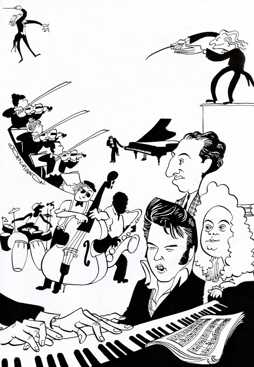 Music fantasia - omslag till musikbok eller artikel - med dirigenter, musiker, instrument, violin, trummor, kontrabas, saxofon, piano, partitur, Elvis, Bach, av John Minnion