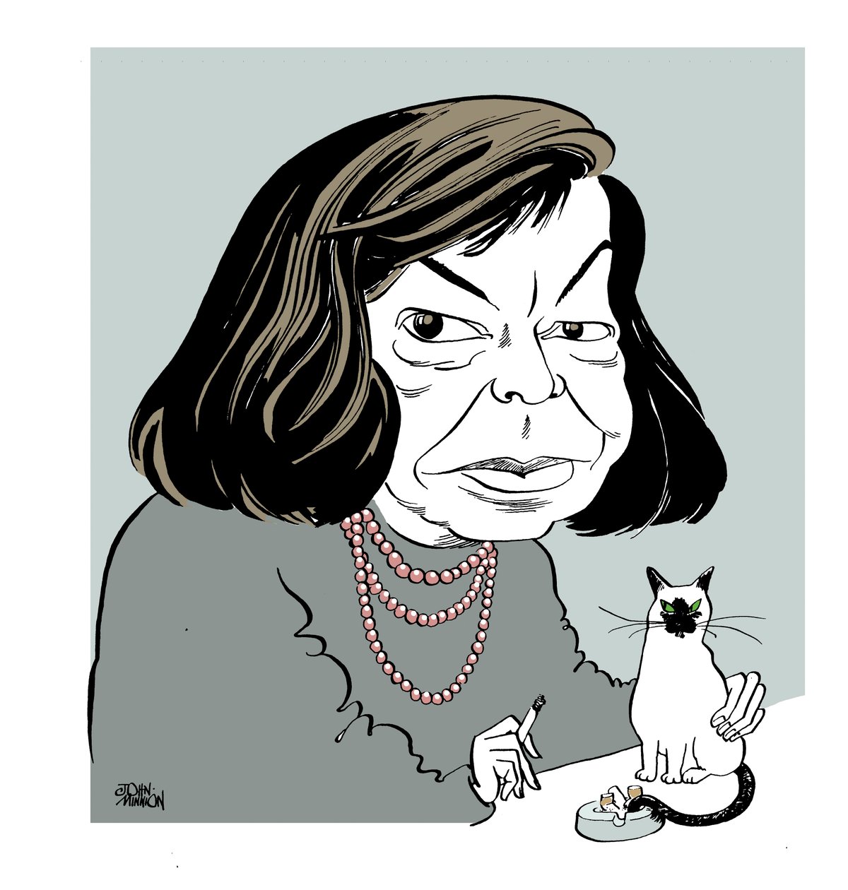 Patricia Highsmith - karikatyr med sin katt, röker av John Minnion