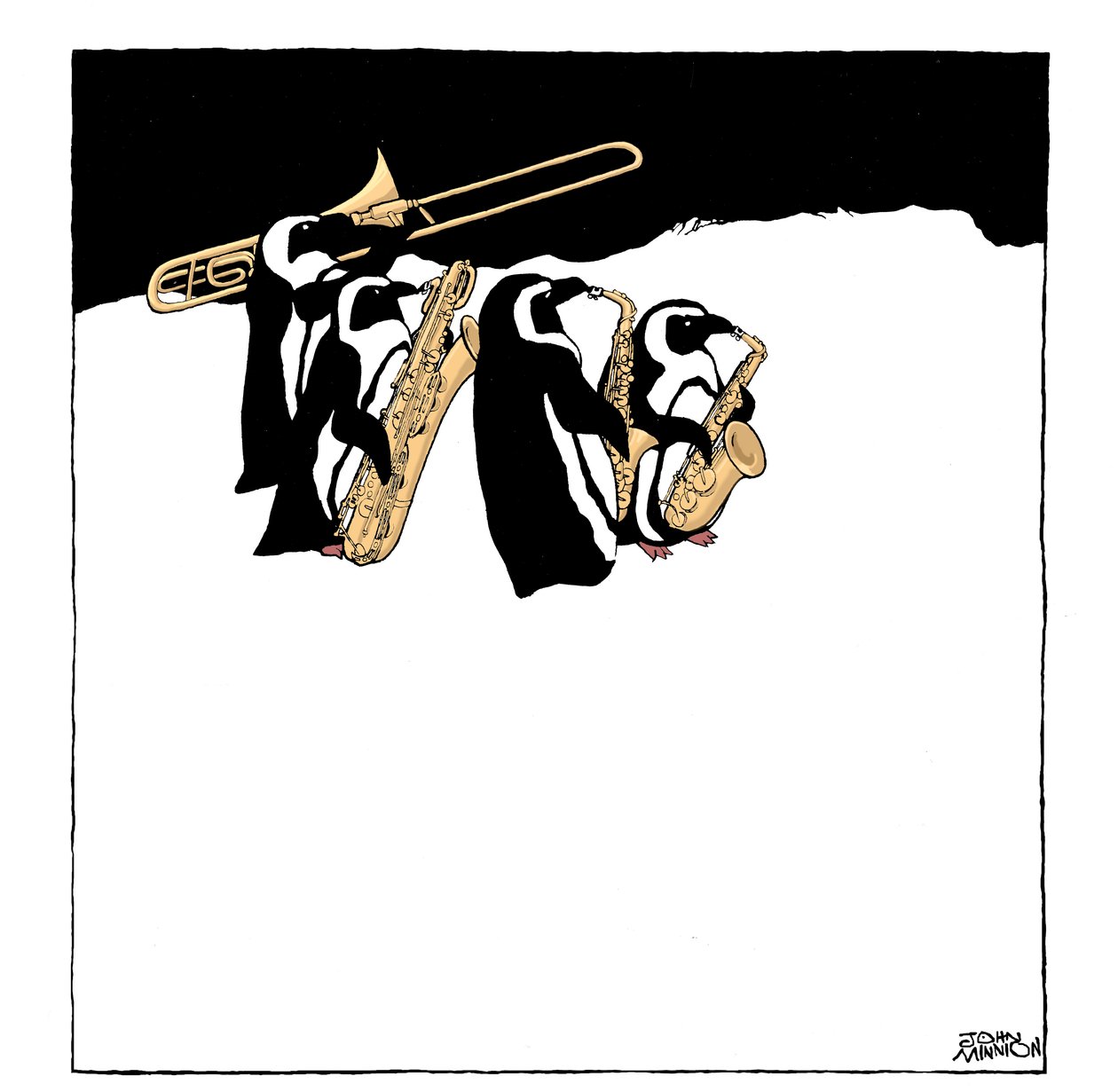 Pingvinband - karikatyr av en grupp pingviner som spelar mässingsinstrument - trombon och saxofoner av John Minnion