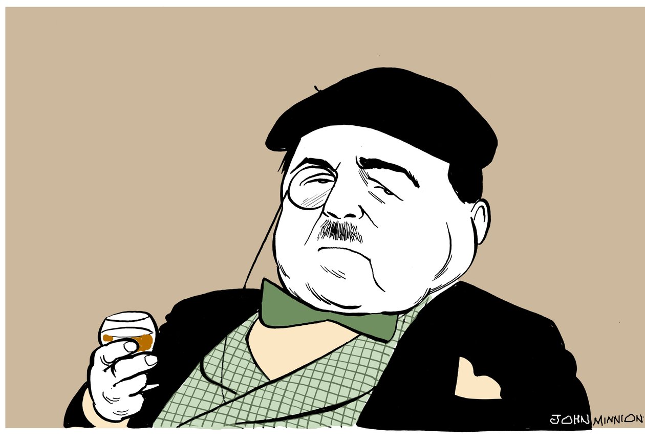 Reynaldo Hahn - karikatyr av den tysk-venezuelanska kompositören och dirigenten med ett glas vin av John Minnion
