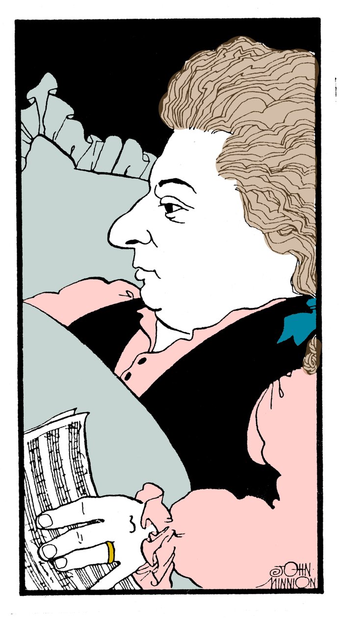 Wolfgang Amadeus Mozart - karikatyr av den österrikiske kompositören på sin dödsbädd av John Minnion