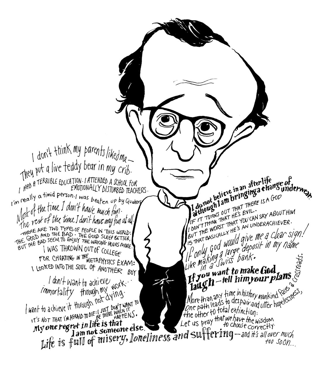 Woody Allen karikatyr, amerikansk filmregissör, manusförfattare, skådespelare, komiker och dramatiker: b av John Minnion