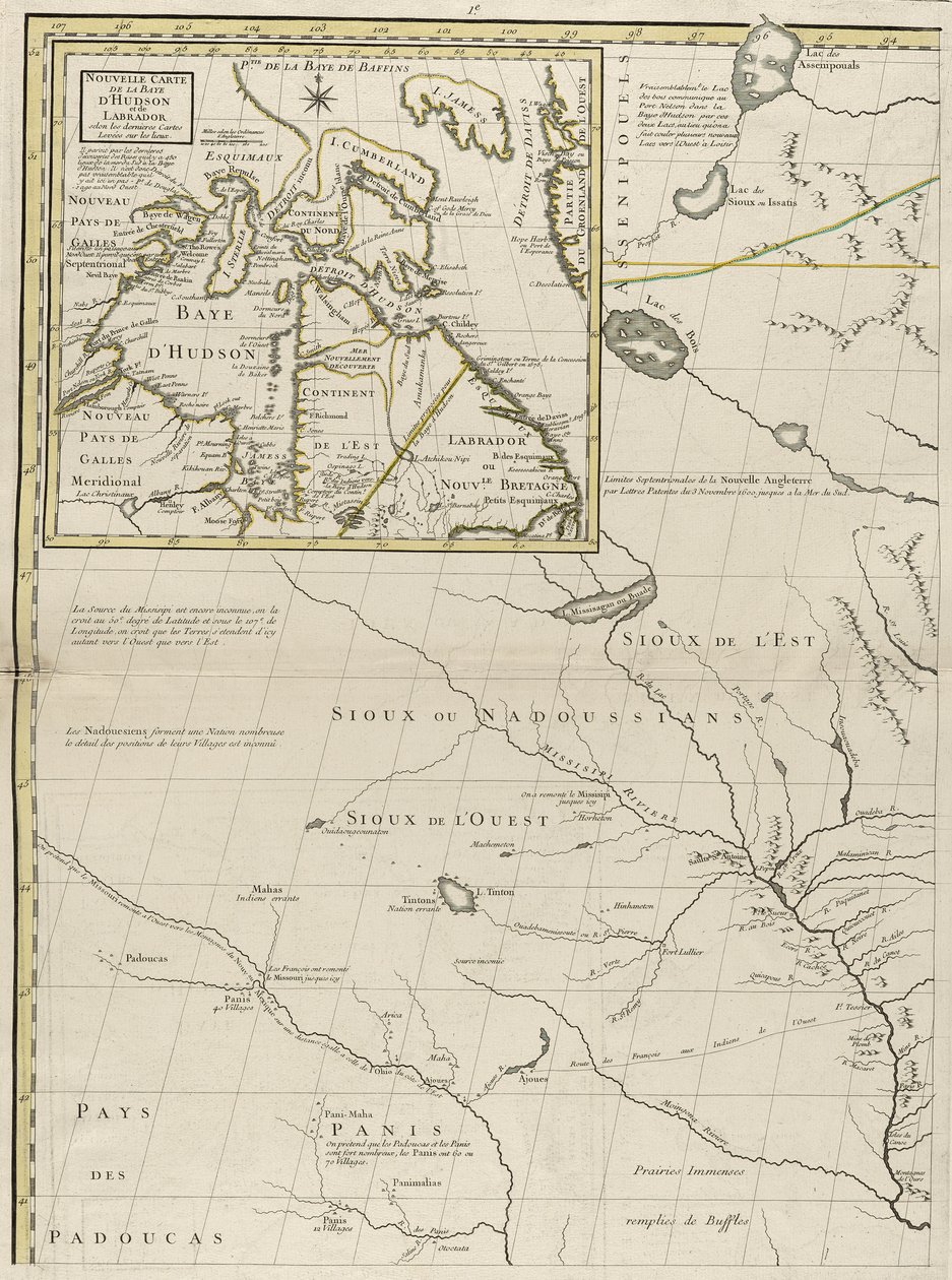 En karta över de brittiska och franska dominionerna i Amerika, 1756 (gravyr med konturfärg på papper) av John Mitchell