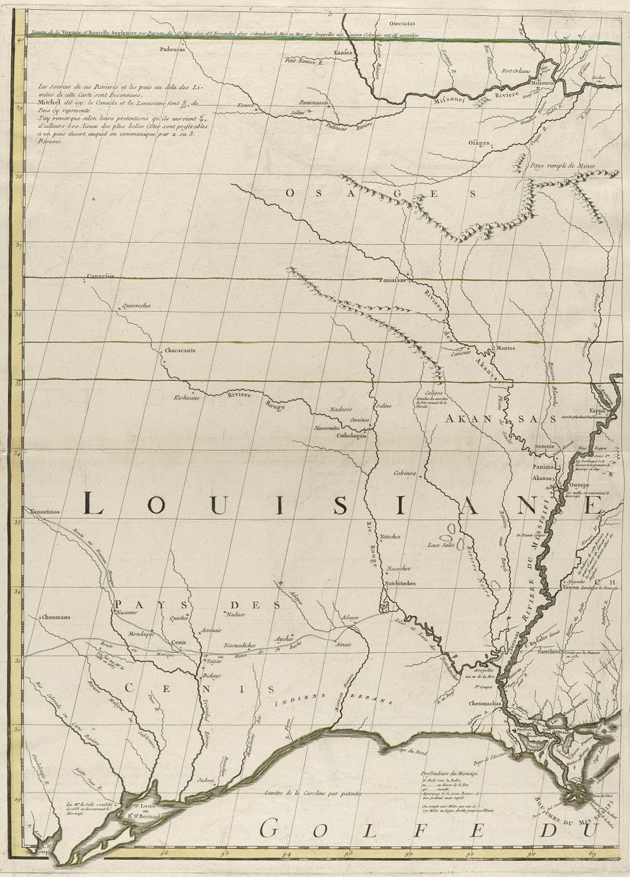 En karta över de brittiska och franska dominionerna i Amerika, 1756 (gravyr med konturfärg på papper) av John Mitchell