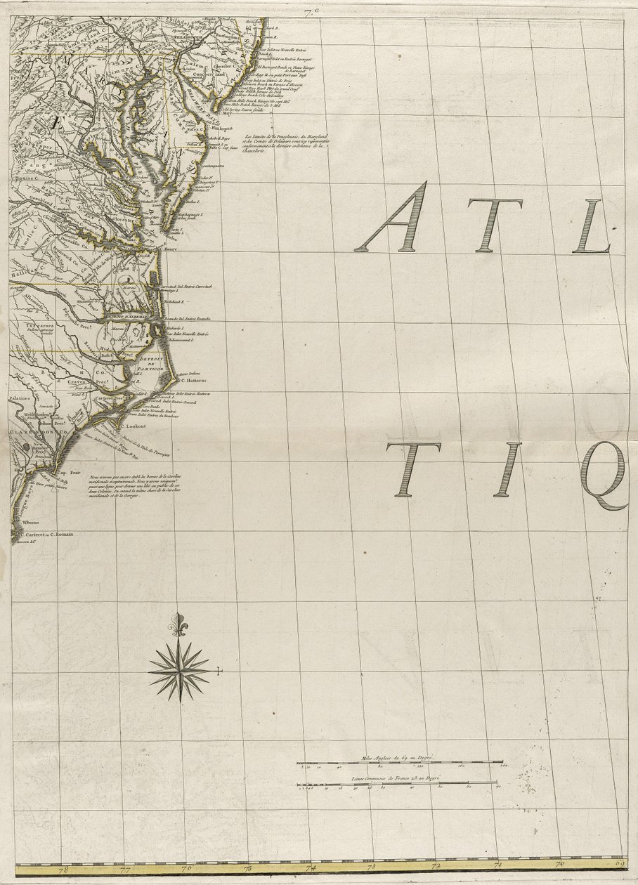 En karta över de brittiska och franska dominionerna i Amerika, 1756 (gravyr med konturfärg på papper) av John Mitchell