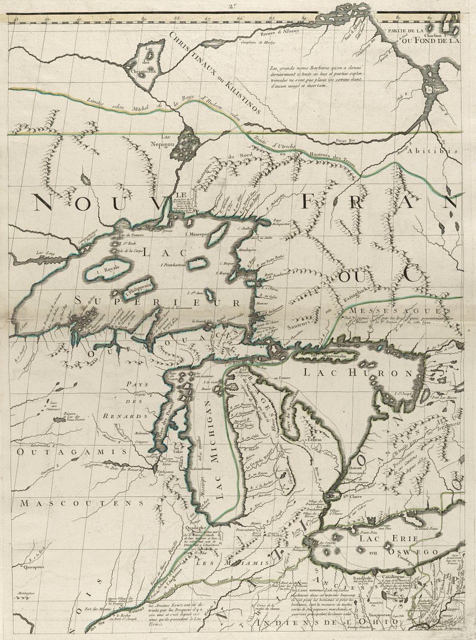 En karta över de brittiska och franska dominionerna i Amerika, 1756 (gravyr med konturfärg på papper) av John Mitchell