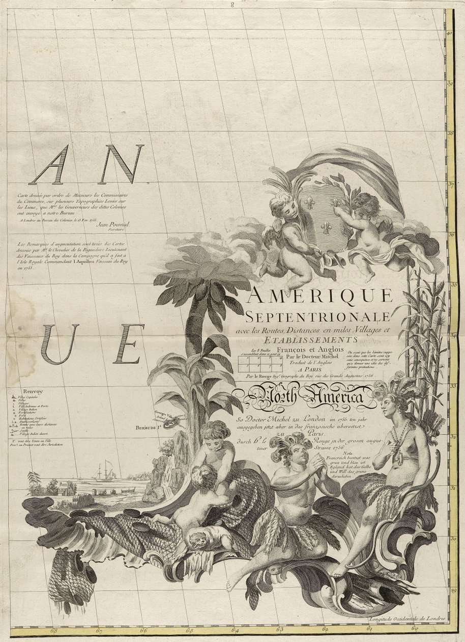 En karta över de brittiska och franska dominionerna i Amerika, 1756 (gravyr med konturfärg på papper) av John Mitchell