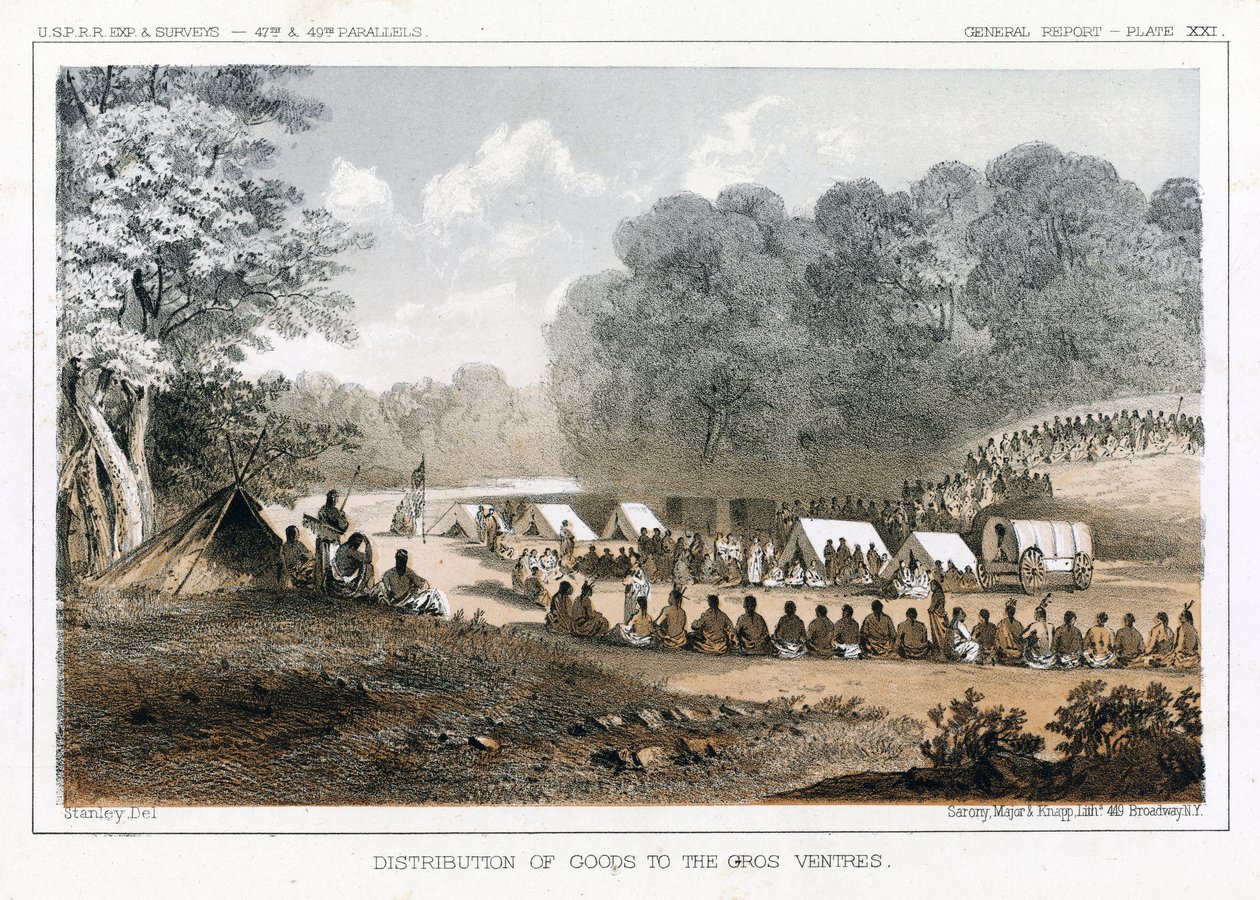 Distribution av varor till Gros Ventres, pub. 1860 av John Mix Stanley