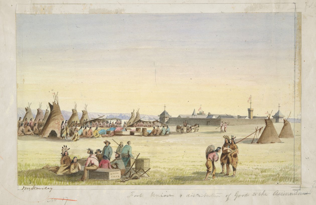 Fort Union och utdelning av varor till assiniboinerna av John Mix Stanley