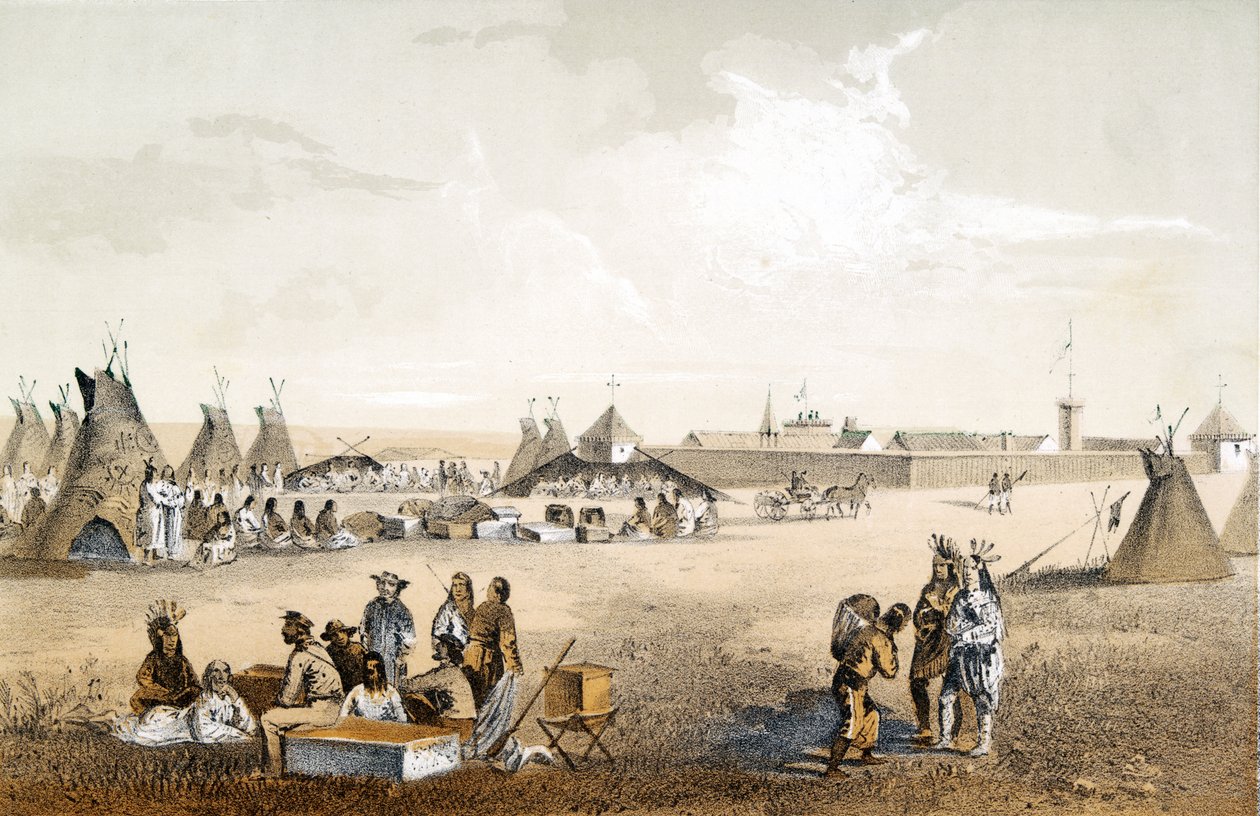 Fort Union, och distribution av varor till Assiniboine, pub. 1860 av John Mix Stanley