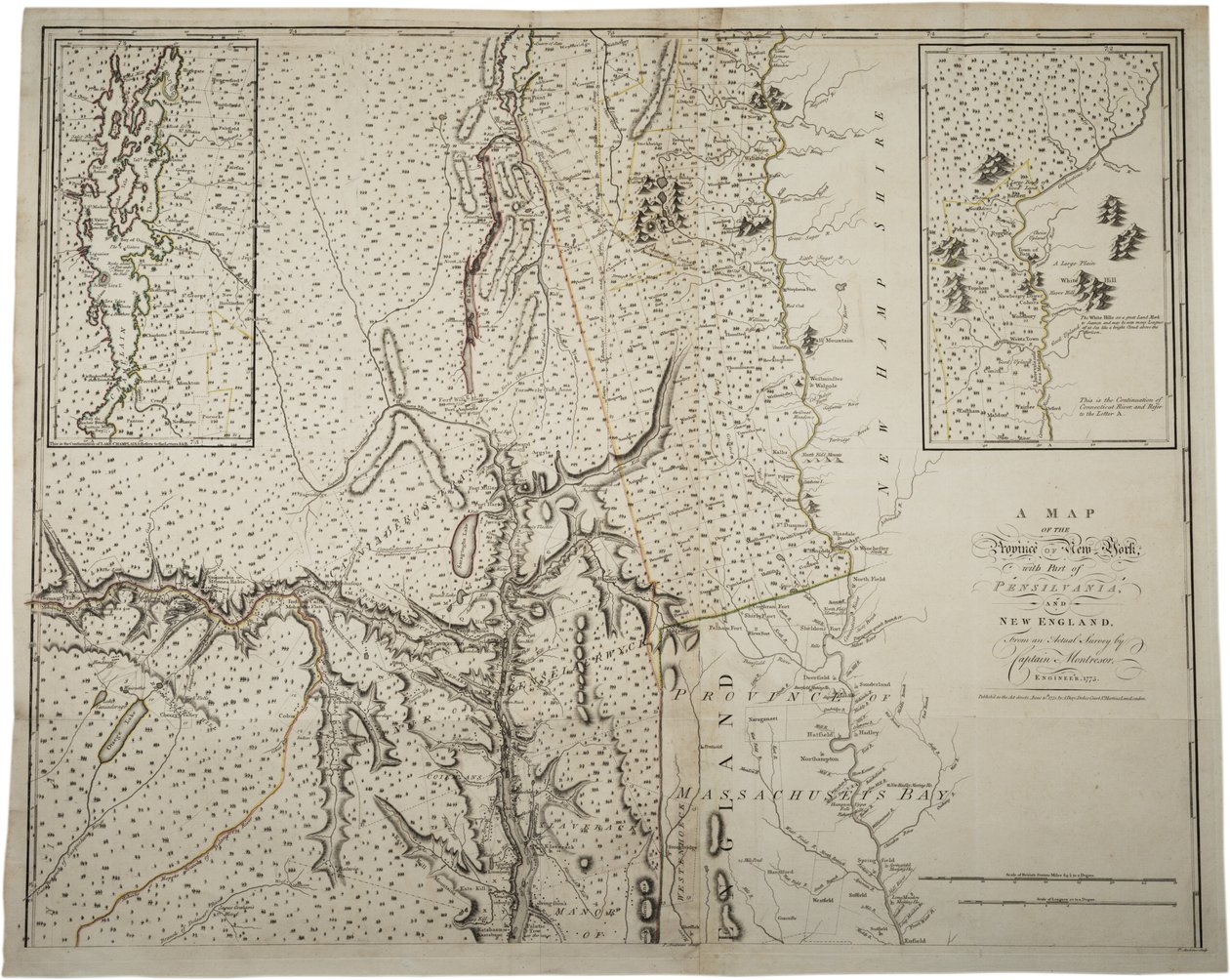 En karta över provinsen New York med en del av Pennsylvania och New England, från en faktisk undersökning av kapten Montrésor, ingenjör, 1775, 10 juni 1775 av John Montresor