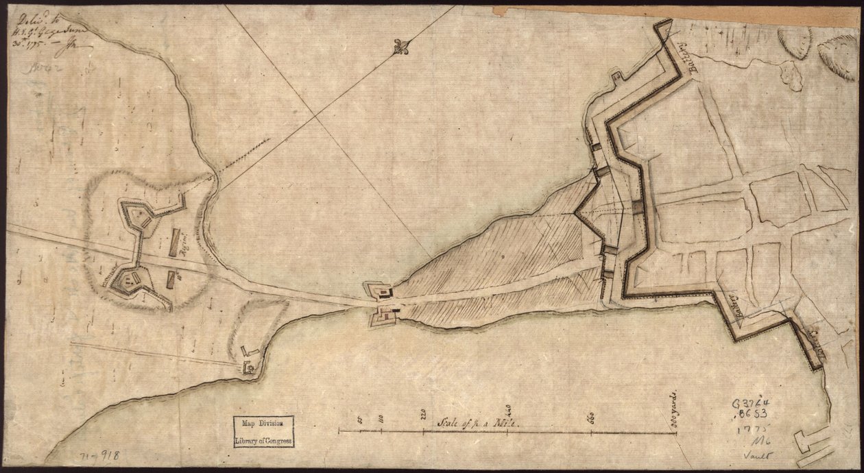 (Plan över "Neck" och befästningar) Delivd. to H.E. Gl. Gage, 30 juni. 1775.-J.M. LOC gm71000918 av John Montresor