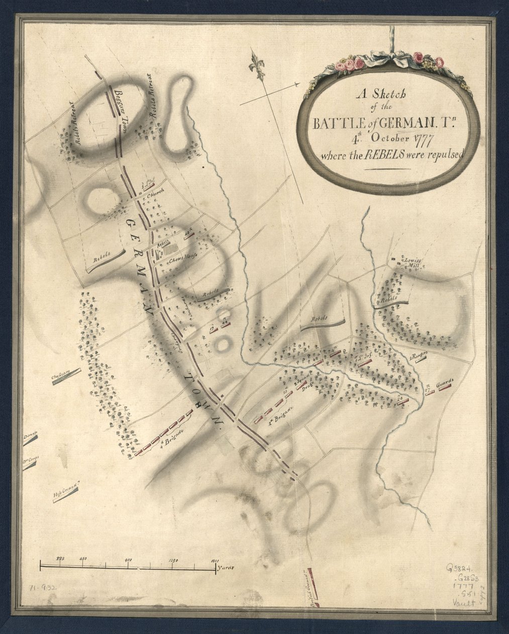 En skiss av slaget vid German. Tn., 4:e. Oktober 1777, där rebellerna blev tillbakaslagna. LOC gm71000932 av John Montresor