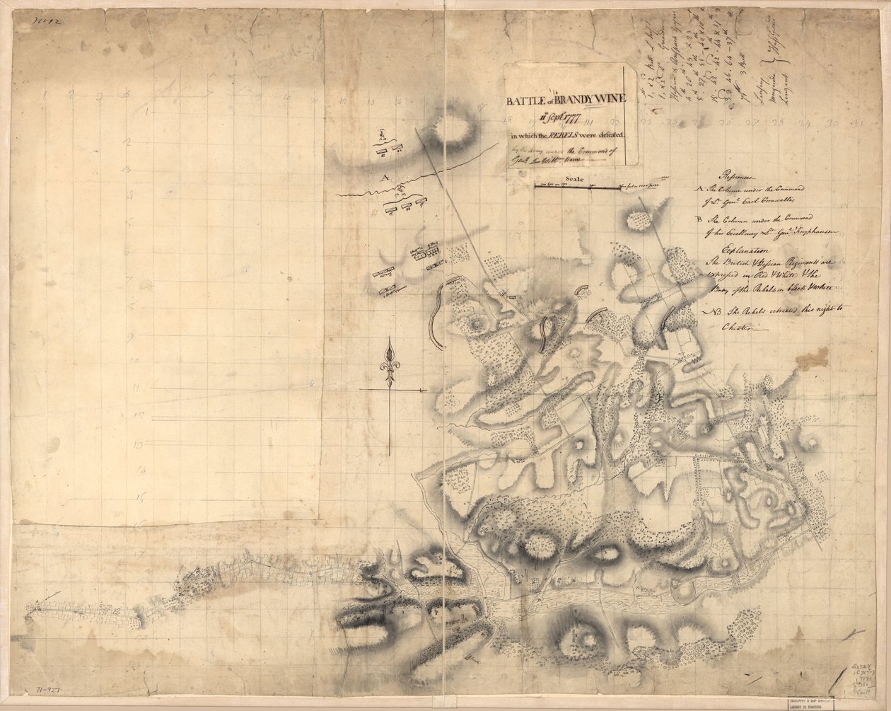 Slaget vid Brandywine den 11 september 1777, i vilket rebellerna besegrades av armén under befäl av general Sir Willm. Howe. LOC gm71000927 av John Montresor