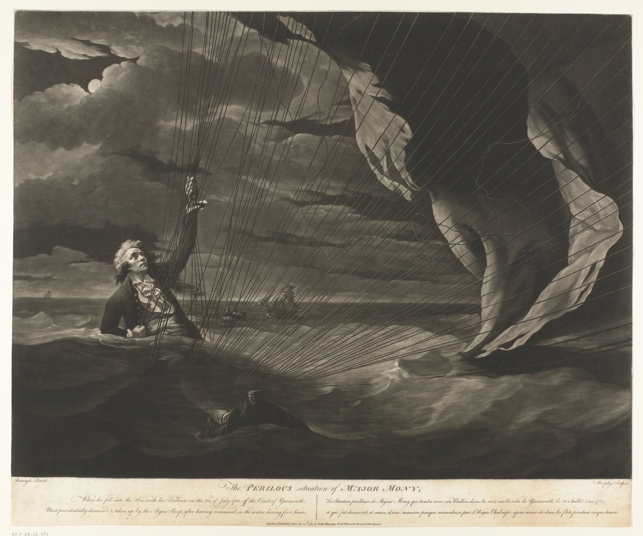 John Money med sin ballong kraschade i havet The Perilous Situation of Major Mony, 23 juli 1785 (titel på objekt) av John Murphy
