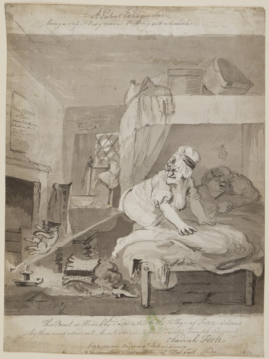 En patentsläckare, som är ett säkert och enkelt läge Att släcka ett ljus, 1801 (penna, pensel och bläck på papper) av John Nixon