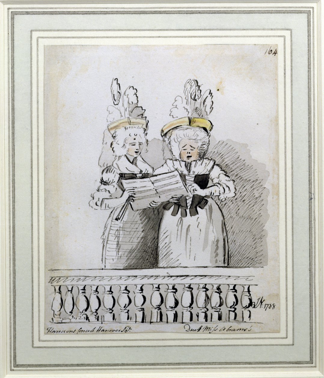 En duett av miss Harriett och miss Theodosia Abrams, Harrisons konsert, Hanover Square, 1788 (bläck och tvätt) av John Nixon