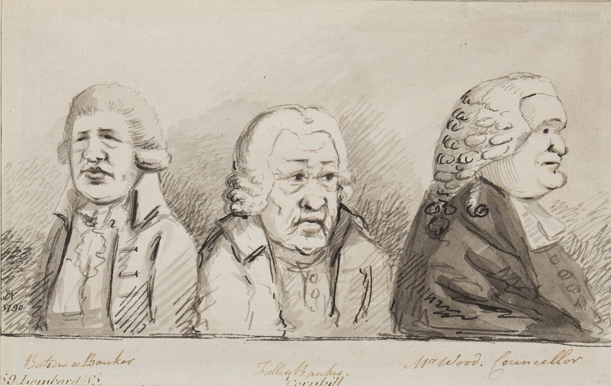 Batson, a Banker, Tulley, Banker, Mr Wood, Councillor, 69 Lombard Street, Cornhill, 1790 (penna, pensel och bläck på papper) av John Nixon