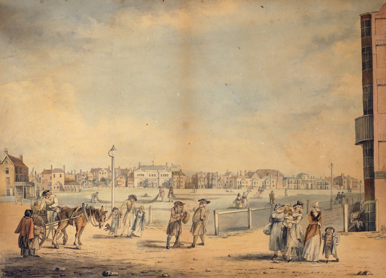Brighton, som visar Miss Widgetts cirkulerande bibliotek, Marlborough House, Castle Inn and Assembly Rooms och Marine Pavilion, 1792 av John Nixon