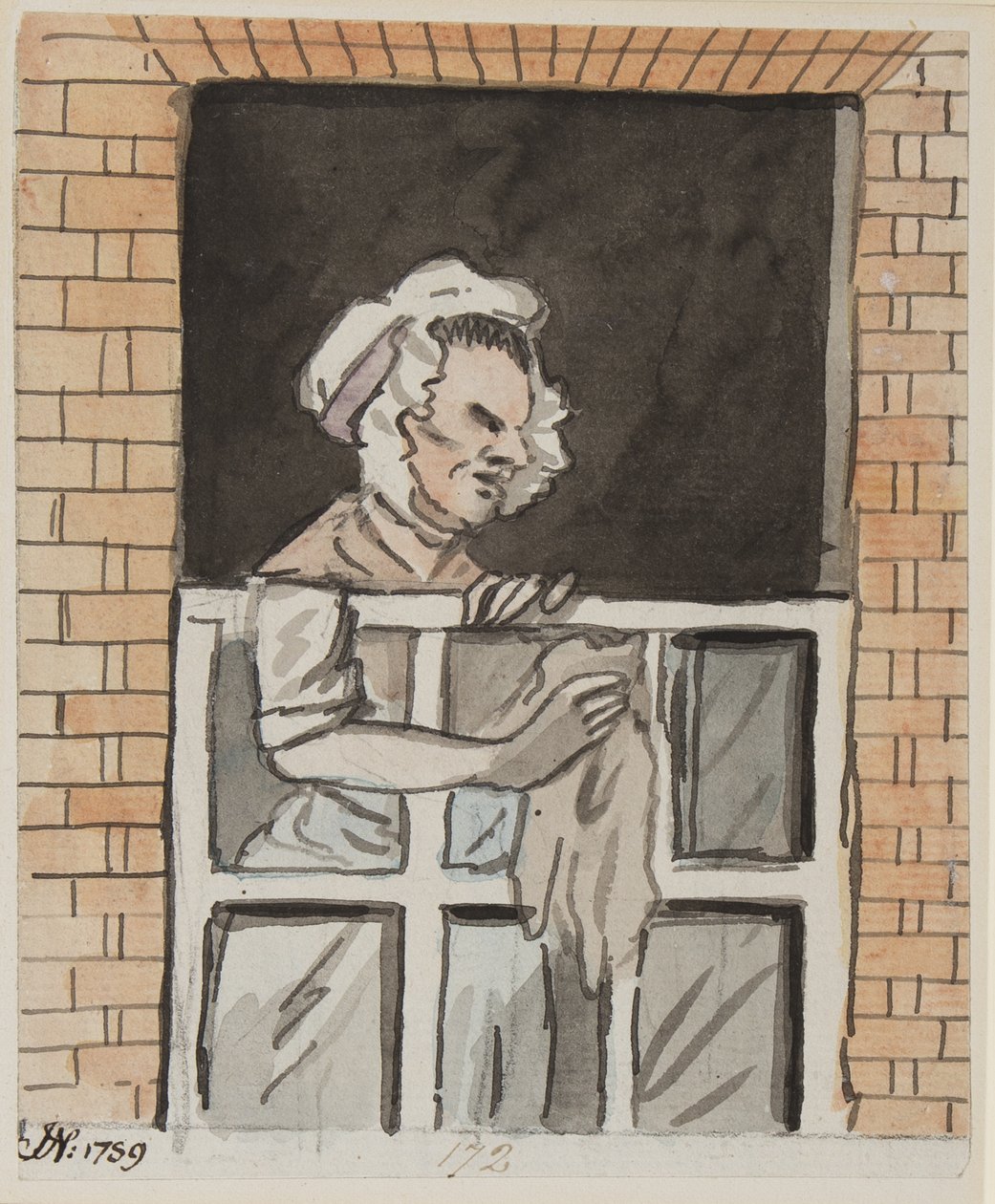 Hemhjälp som städar fönster, 1789 (bläck & wc på papper) av John Nixon