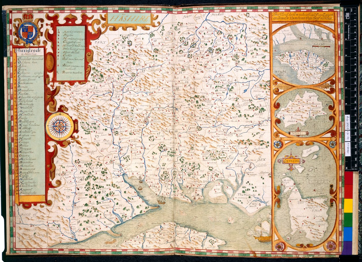 Lägg till. 31853, ff.23-24, Southampton, Hampshire: Beskrivning av, av J. Norden, med karta: 1595 (färgad gravyr) av John Norden