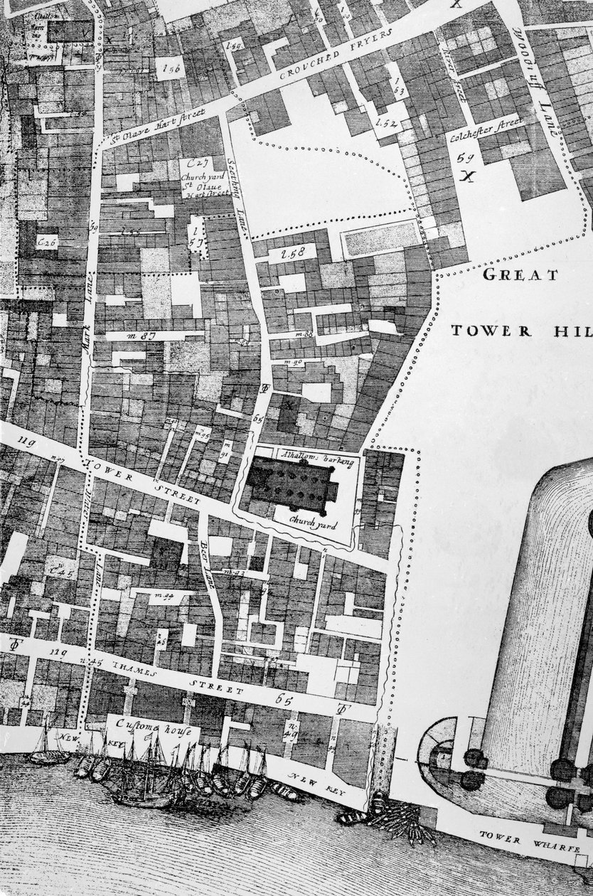 Detalj av en stor och exakt karta över London City (gravyr) av John Ogilby