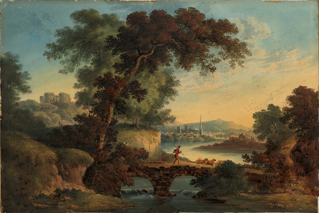 Landskap med slott och bro, ca 1808-20 (gouache och akvarell) av John Oldfield