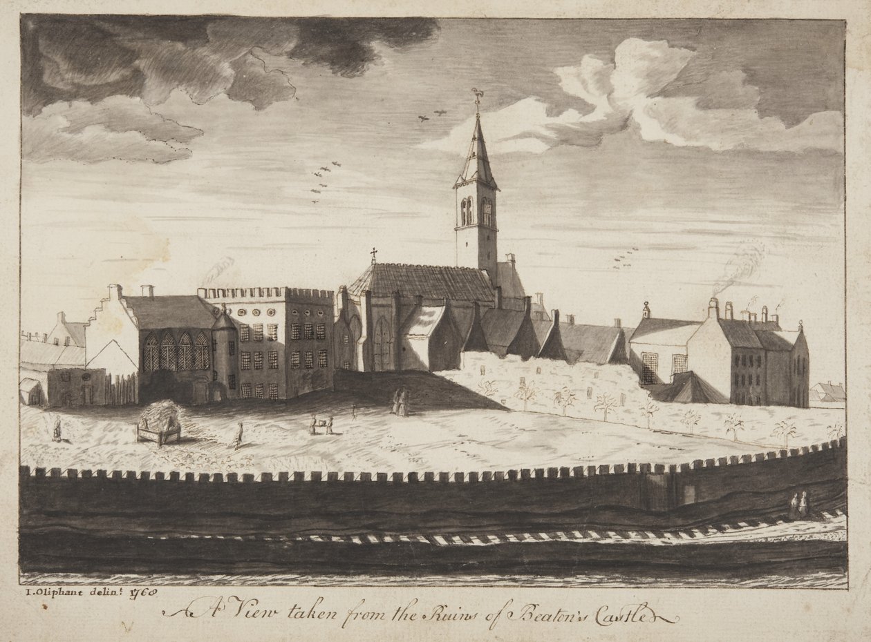 St Andrews Delineated - En utsikt tagen från ruinerna av Beatons Castle (penna och tvätt på papper) av John Oliphant