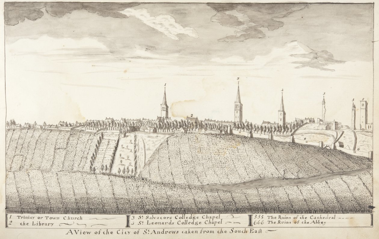 St Andrews Delineated - En vy över staden St Andrews från sydöstra (penna & tvätt på papper) av John Oliphant