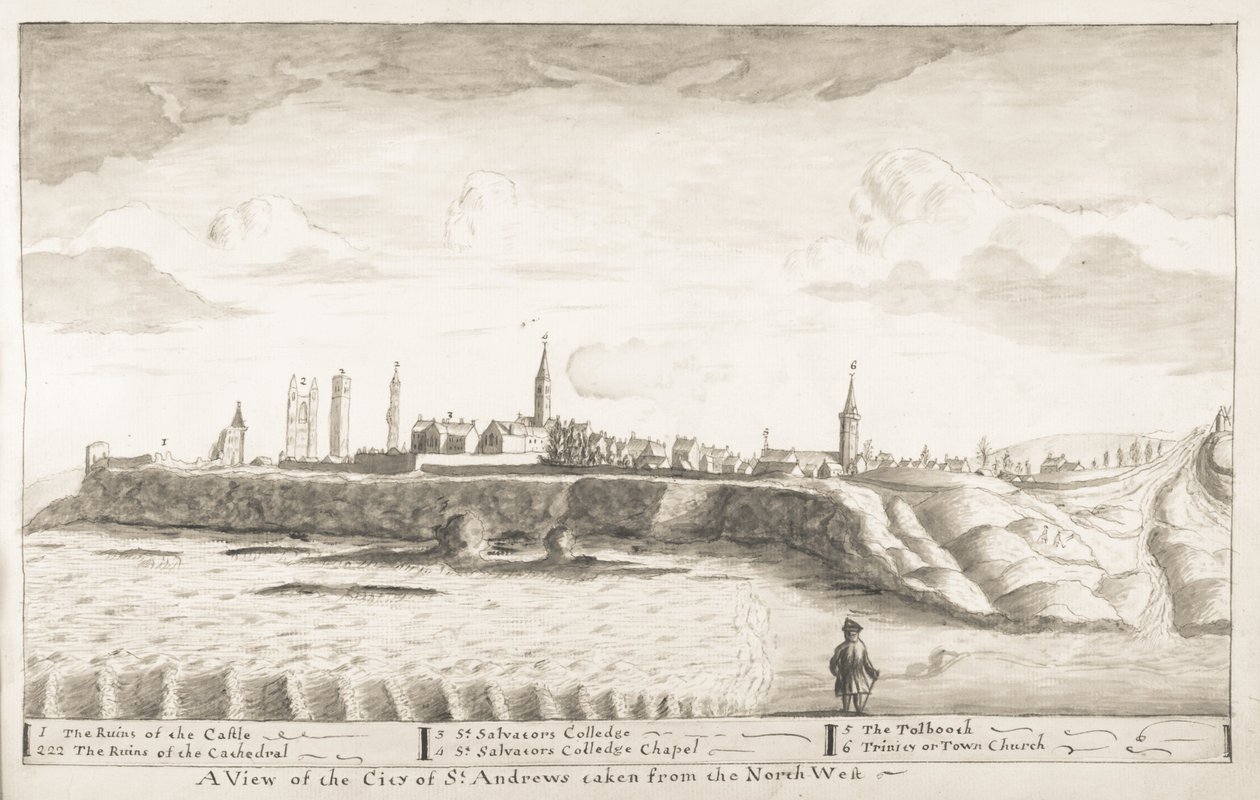 St Andrews Delineated - En utsikt över staden St Andrews från nordväst (penna & tvätt på papper) av John Oliphant