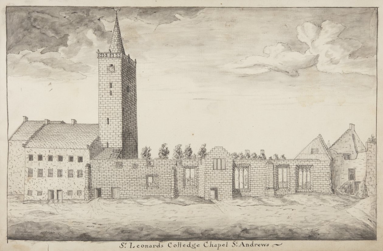 St Andrews Delineated - St Leonards College Chapel St Andrews (penna & tvätt på papper) av John Oliphant