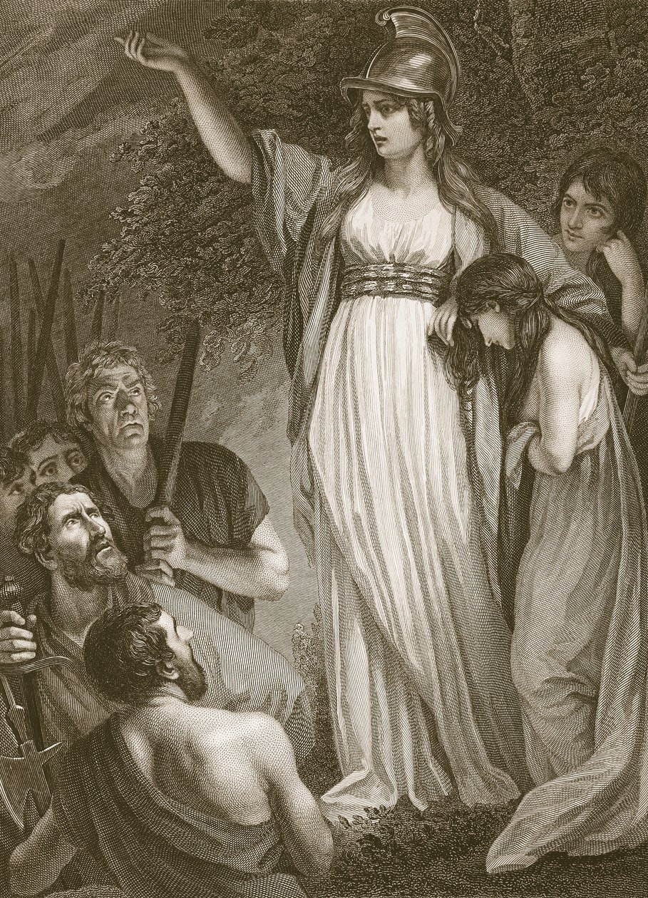 Boadicea haranging the brits, graverad av Sharp, illustration från David Humes "The History of England", pub. av R. Bowyer, London, 1812 av John Opie